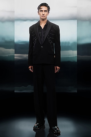 Black Crepe Beaded Tuxedo Set by Rohit Gandhi & Rahul Khanna Men