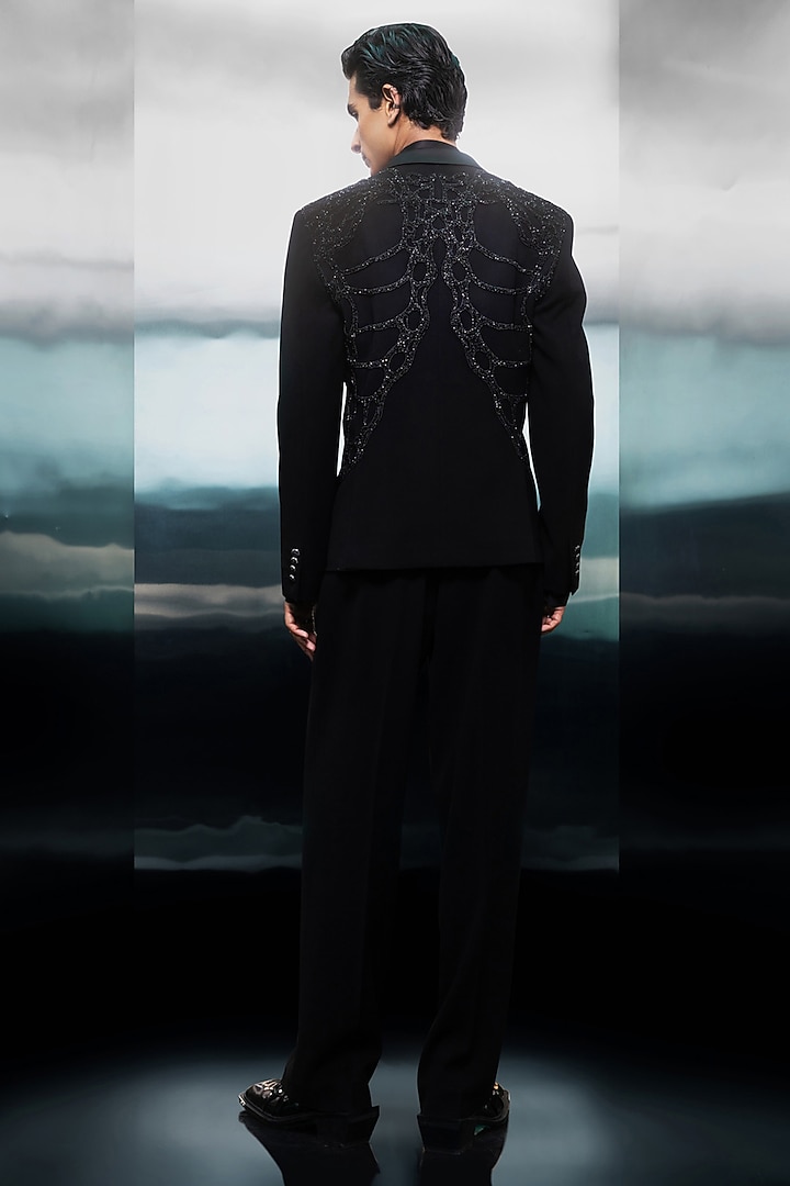 Black Crepe Beaded Tuxedo Set by Rohit Gandhi & Rahul Khanna Men at Pernia's Pop Up Shop