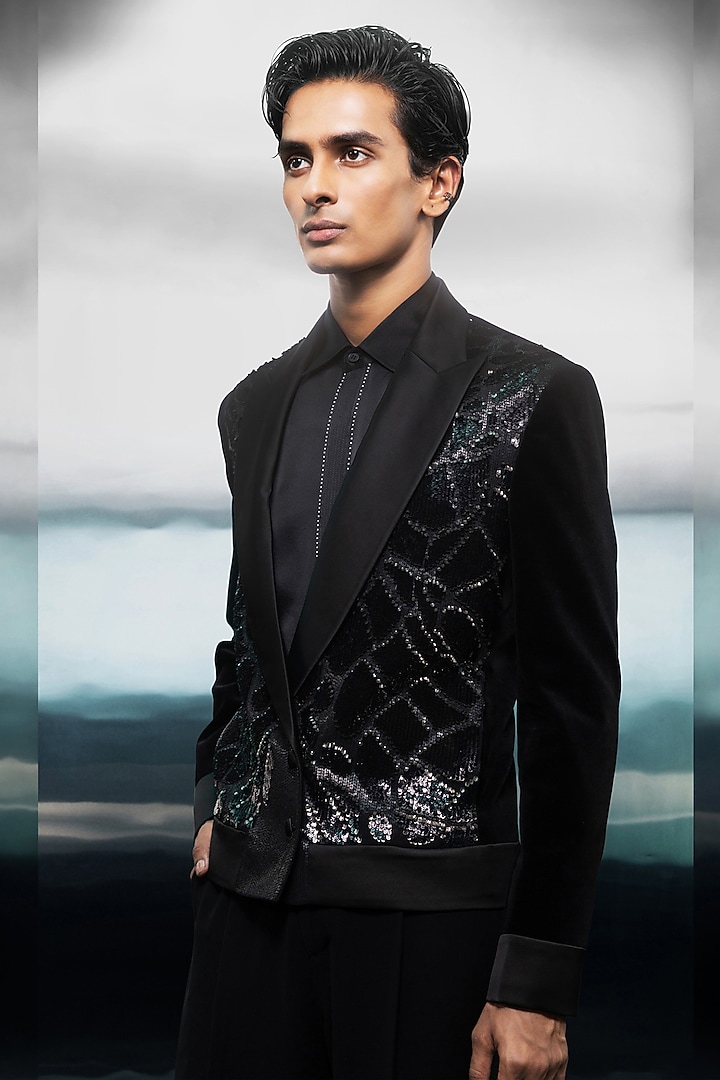Black Silk Velvet Embroidered Jacket by Rohit Gandhi & Rahul Khanna Men at Pernia's Pop Up Shop