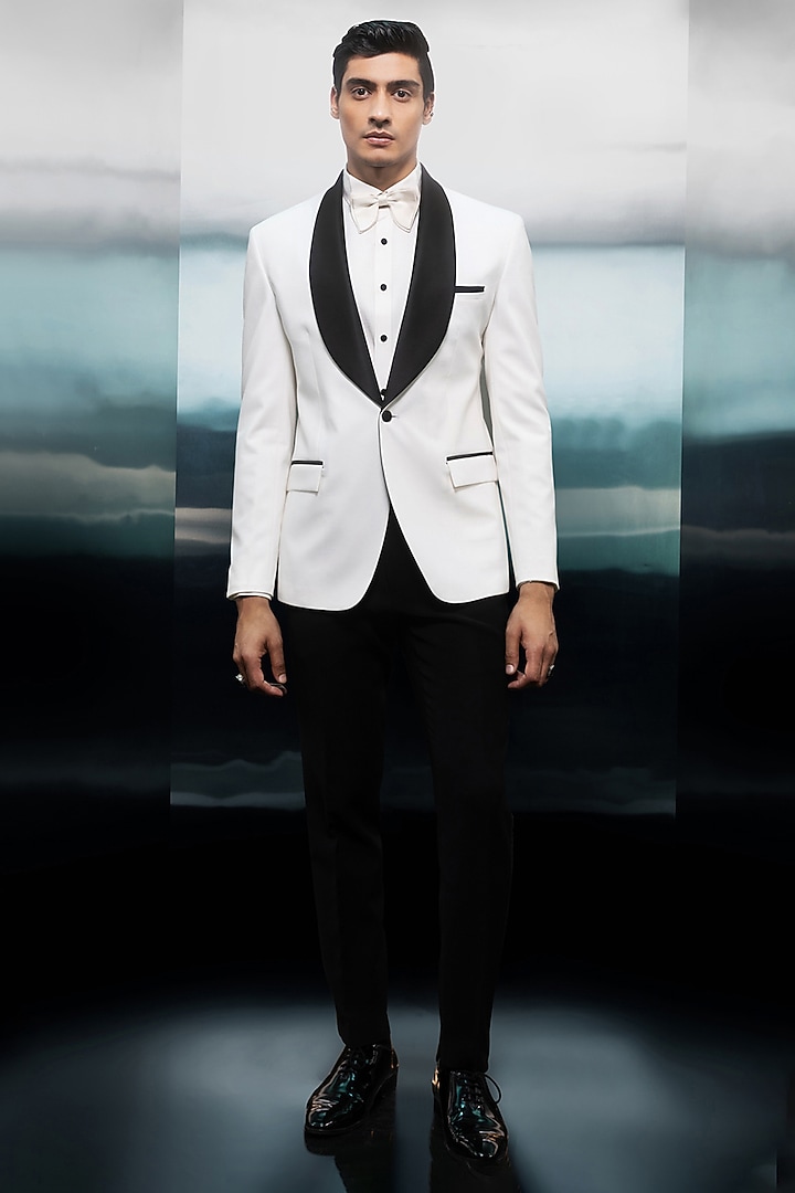 Ivory & Black Crepe Tuxedo Set by Rohit Gandhi & Rahul Khanna Men at Pernia's Pop Up Shop