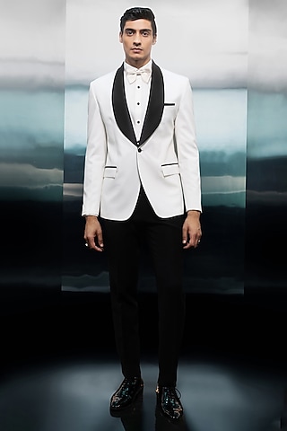 Ivory & Black Crepe Tuxedo Set by Rohit Gandhi & Rahul Khanna Men