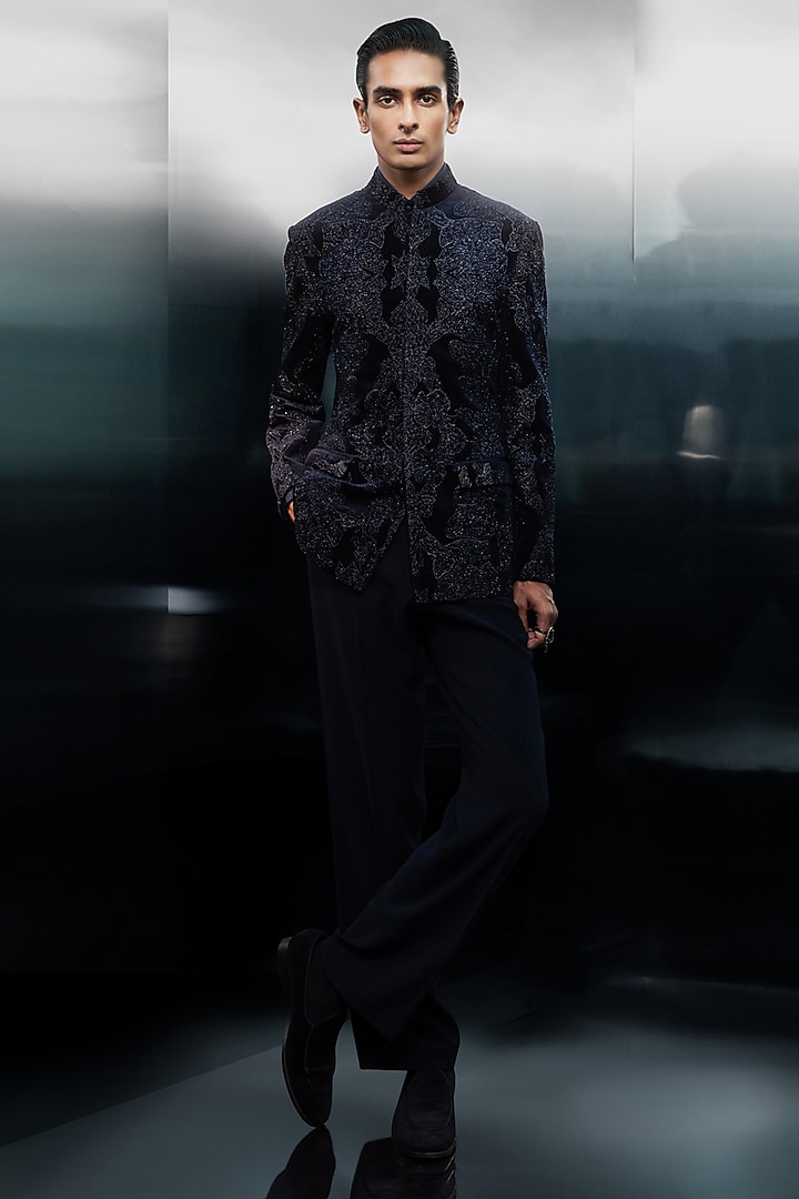 Black Cotton Velvet Embroidered Groom Bandhgala Set by Rohit Gandhi & Rahul Khanna Men at Pernia's Pop Up Shop