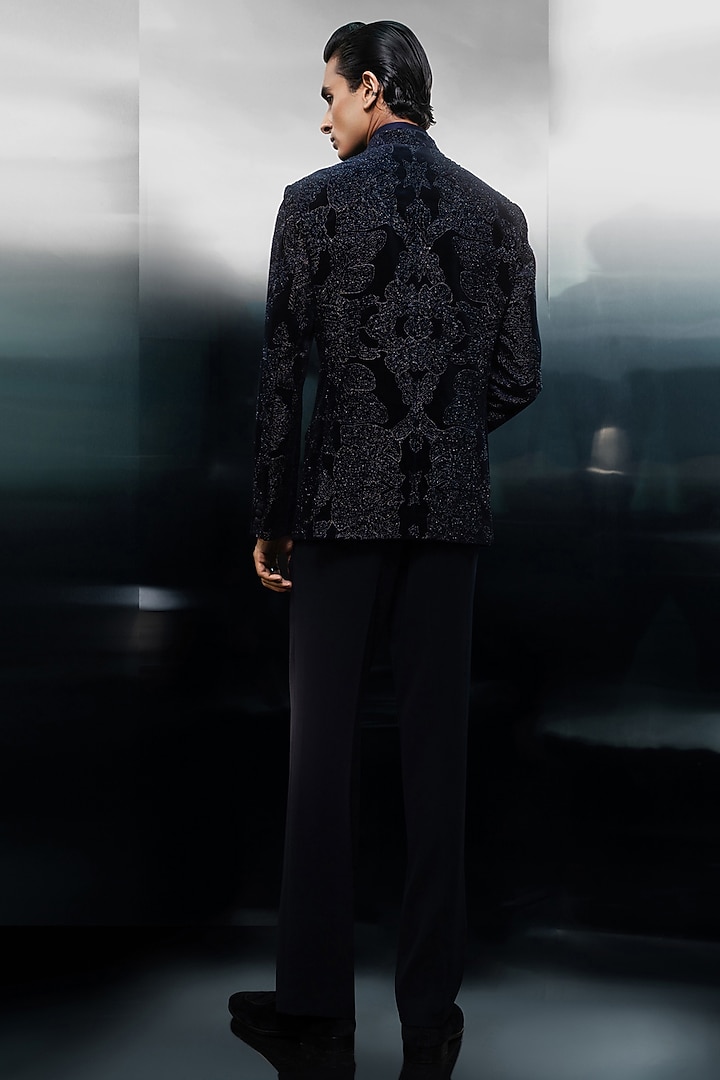 Black Cotton Velvet Embroidered Groom Bandhgala Set by Rohit Gandhi & Rahul Khanna Men at Pernia's Pop Up Shop