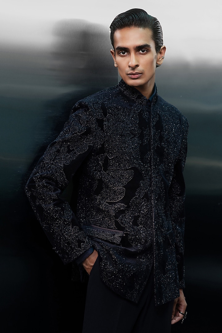 Black Cotton Velvet Embroidered Groom Bandhgala Set by Rohit Gandhi & Rahul Khanna Men at Pernia's Pop Up Shop