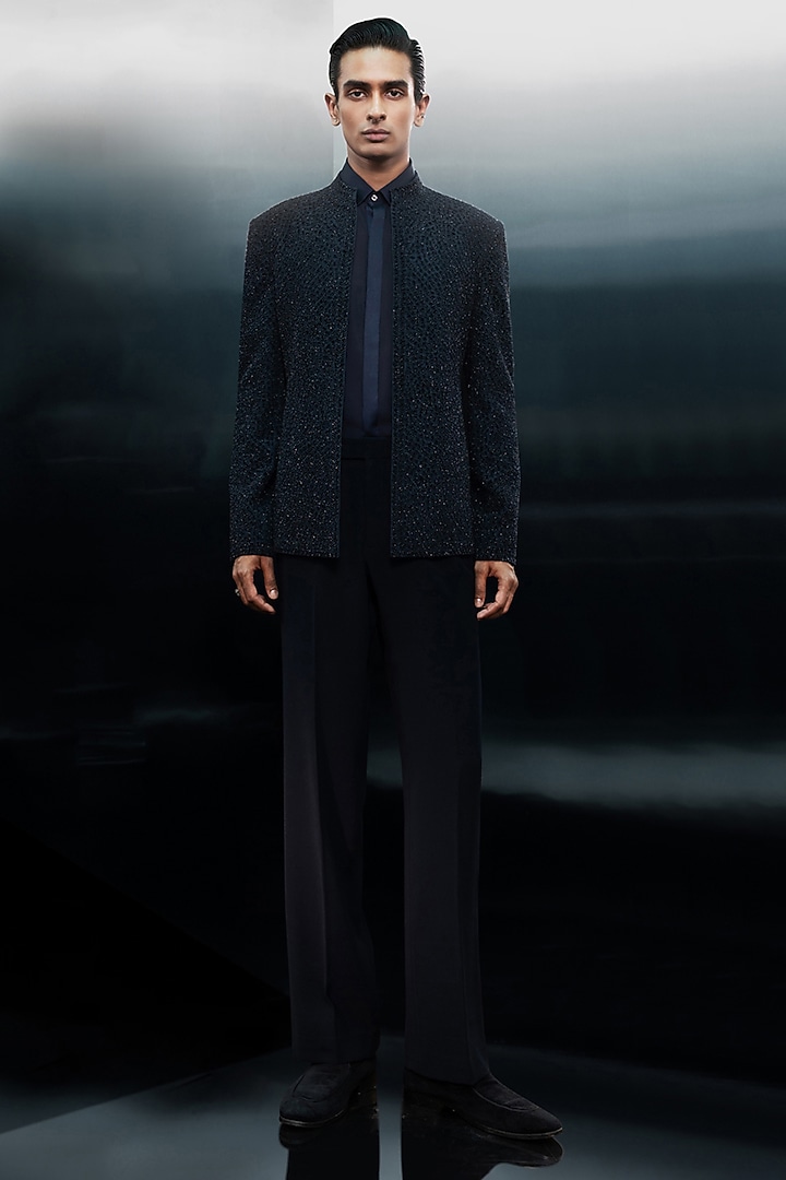 Navy Dupion Groom Bandhgala Set by Rohit Gandhi & Rahul Khanna Men at Pernia's Pop Up Shop