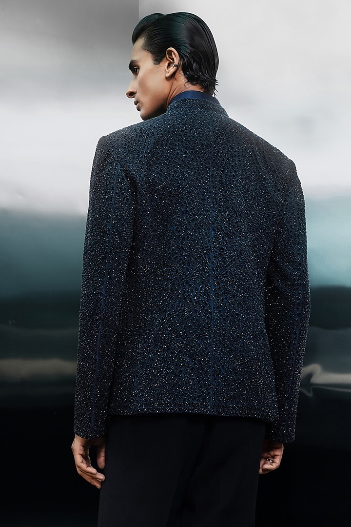 Navy Dupion Groom Bandhgala Set by Rohit Gandhi & Rahul Khanna Men at Pernia's Pop Up Shop