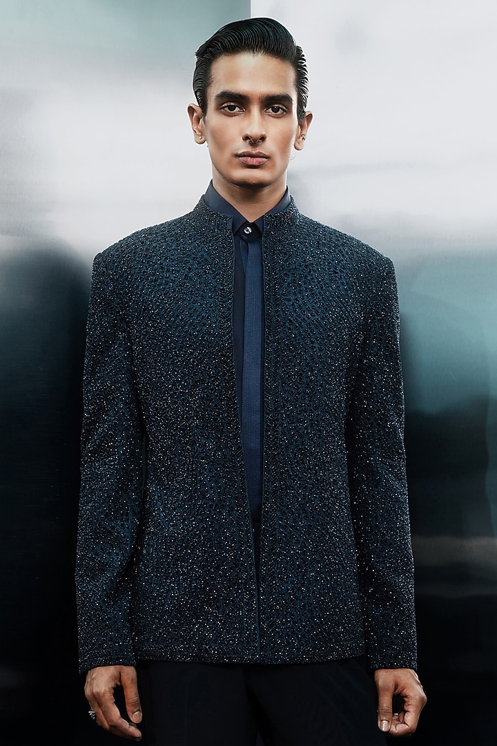 Navy Dupion Groom Bandhgala Set by Rohit Gandhi & Rahul Khanna Men at Pernia's Pop Up Shop