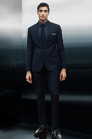 Navy Crepe Tuxedo Set by Rohit Gandhi & Rahul Khanna Men