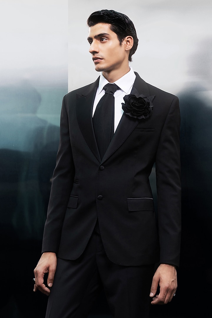 Black Cotton Blend Tuxedo Set by Rohit Gandhi & Rahul Khanna Men at Pernia's Pop Up Shop