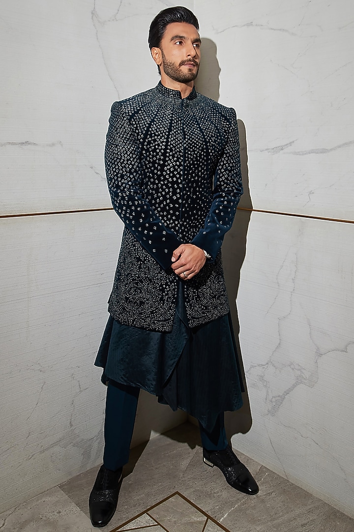 Teal Viscose Dupion Embroidered Groom Sherwani Set by Rohit Gandhi & Rahul Khanna Men at Pernia's Pop Up Shop