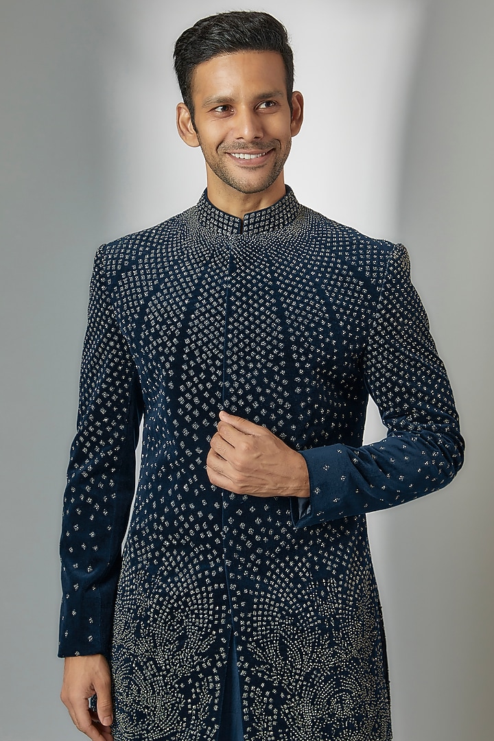 Teal Viscose Dupion Embroidered Groom Sherwani Set by Rohit Gandhi & Rahul Khanna Men at Pernia's Pop Up Shop
