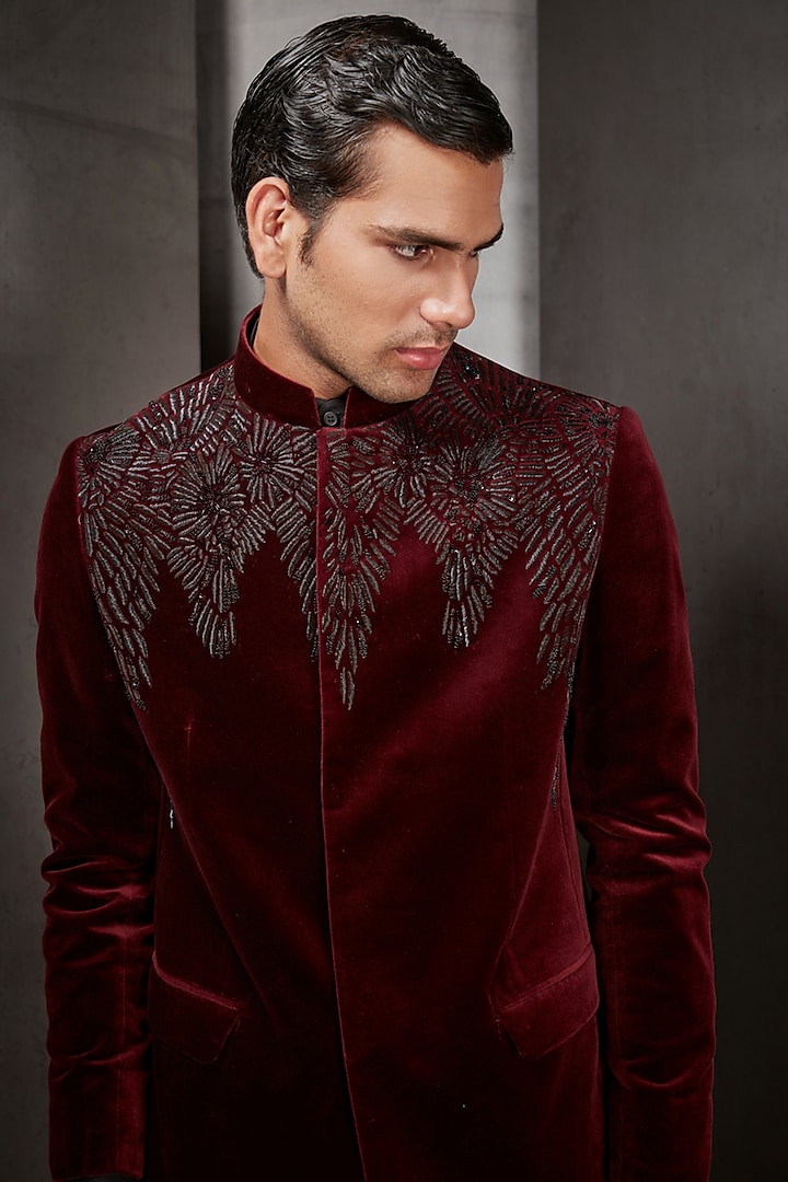 Maroon Hand Embroidered Groom Bandhgala Jacket by Rohit Gandhi & Rahul Khanna Men at Pernia's Pop Up Shop