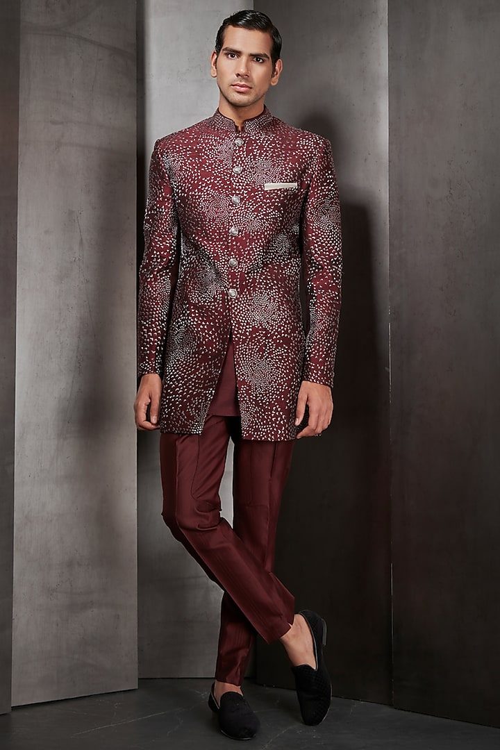 Maroon Mosaic Zari Embroidered Bandhgala Jacket by Rohit Gandhi & Rahul Khanna Men