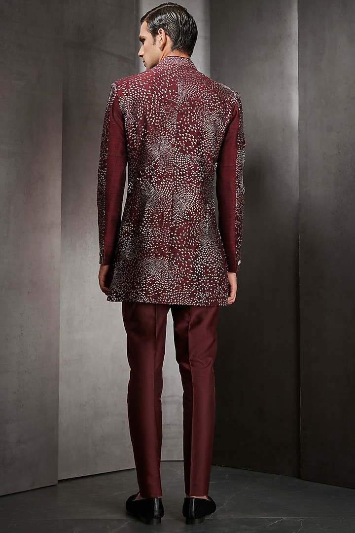 Maroon Mosaic Zari Embroidered Groom Bandhgala Jacket by Rohit Gandhi & Rahul Khanna Men at Pernia's Pop Up Shop