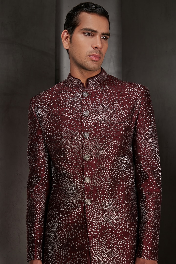 Maroon Mosaic Zari Embroidered Groom Bandhgala Jacket by Rohit Gandhi & Rahul Khanna Men at Pernia's Pop Up Shop