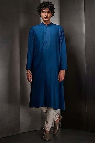 Blue Cotton A-Line Kurta Set by Rohit Gandhi & Rahul Khanna Men
