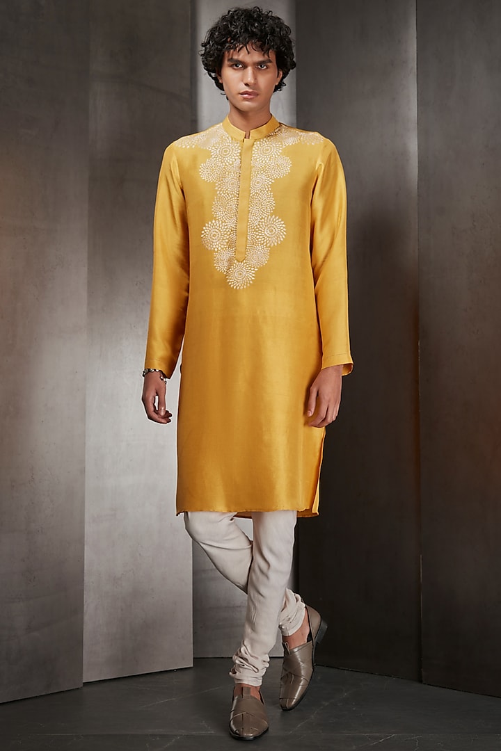 Yellow Silk Thread Embroidered Kurta by Rohit Gandhi & Rahul Khanna Men