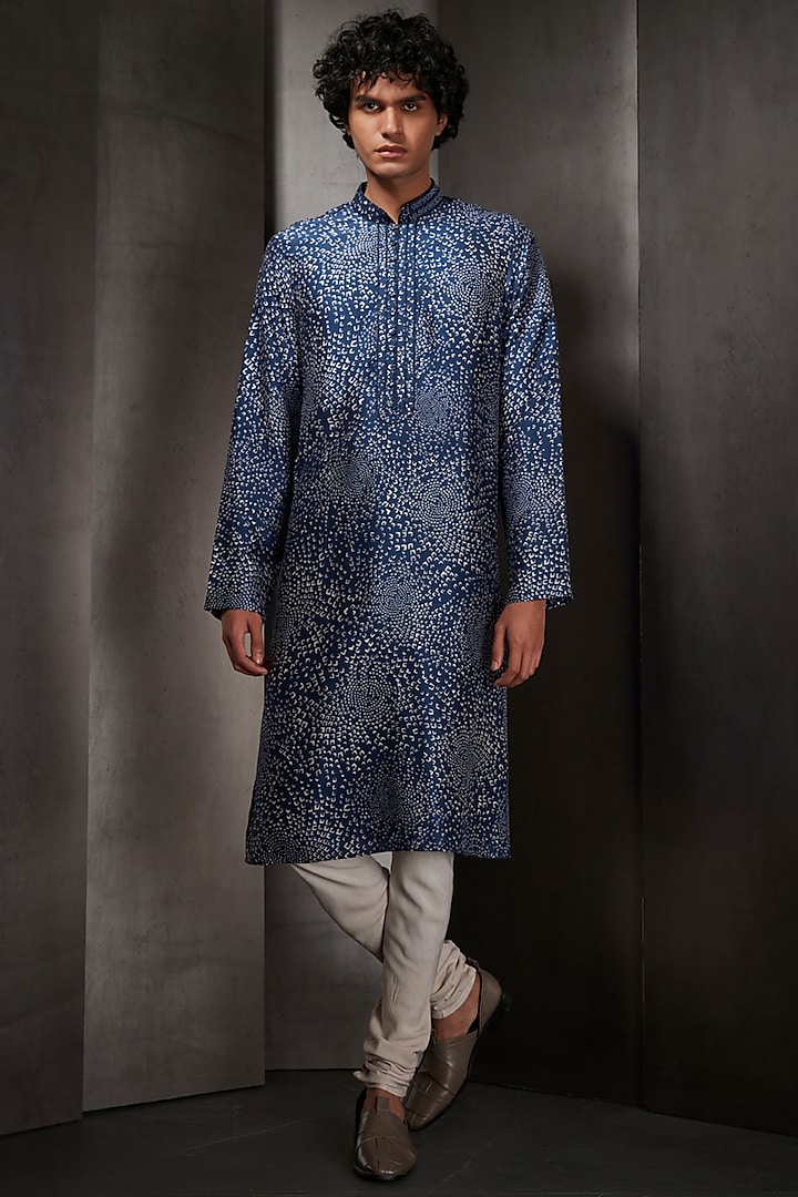 Blue Silk Twill Printed Kurta Set by Rohit Gandhi & Rahul Khanna Men