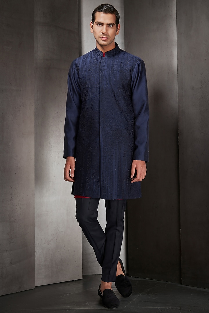 Navy Blue Embroidered Wedding Sherwani by Rohit Gandhi & Rahul Khanna Men at Pernia's Pop Up Shop