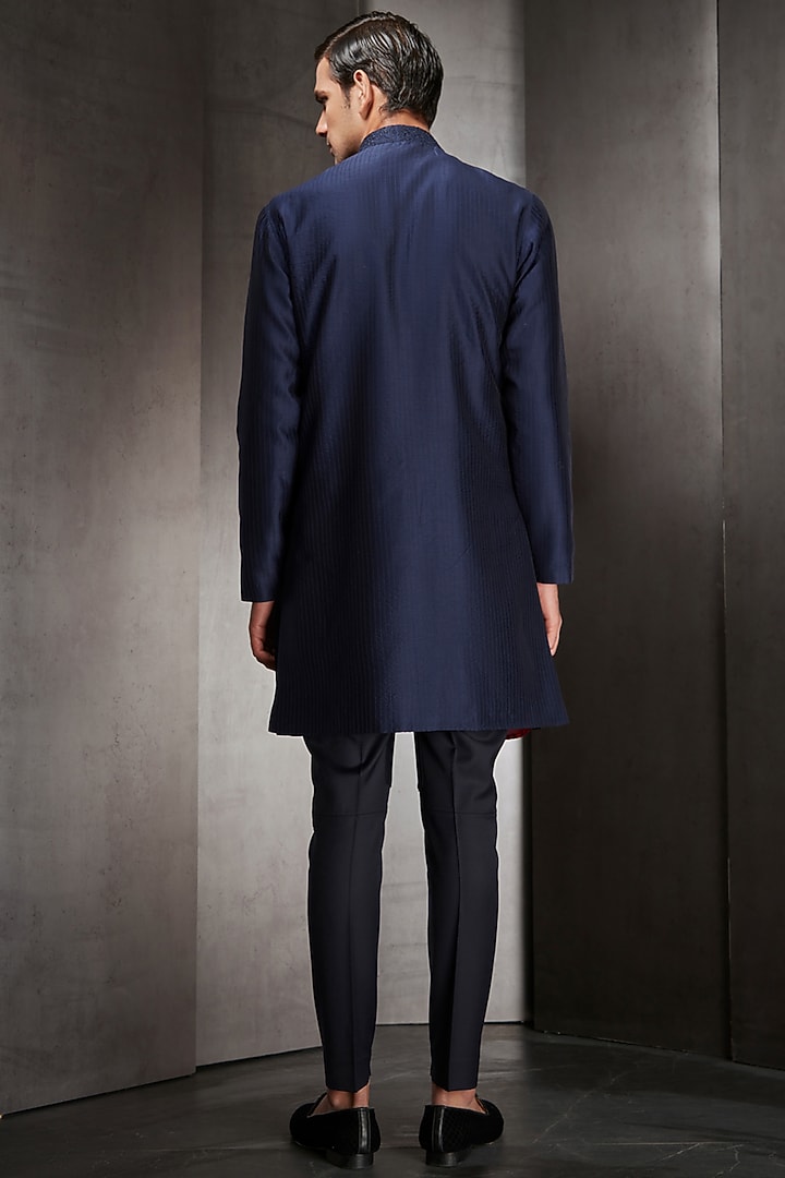 Navy Blue Embroidered Wedding Sherwani by Rohit Gandhi & Rahul Khanna Men at Pernia's Pop Up Shop