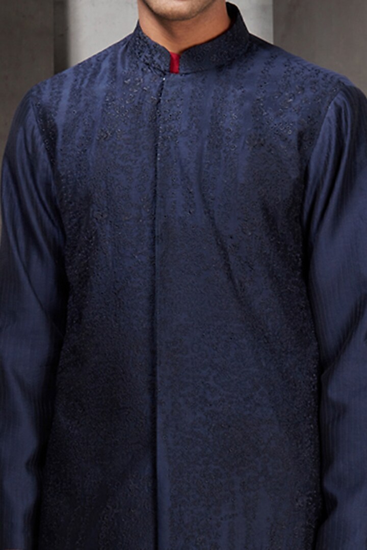 Navy Blue Embroidered Wedding Sherwani by Rohit Gandhi & Rahul Khanna Men at Pernia's Pop Up Shop