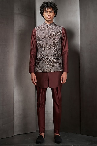 Walnut Black Silk Mosaic Printed Bundi Jacket by Rohit Gandhi & Rahul Khanna Men
