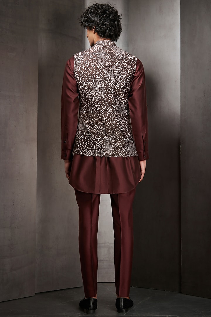 Walnut Black Silk Mosaic Printed Bundi Jacket by Rohit Gandhi & Rahul Khanna Men at Pernia's Pop Up Shop