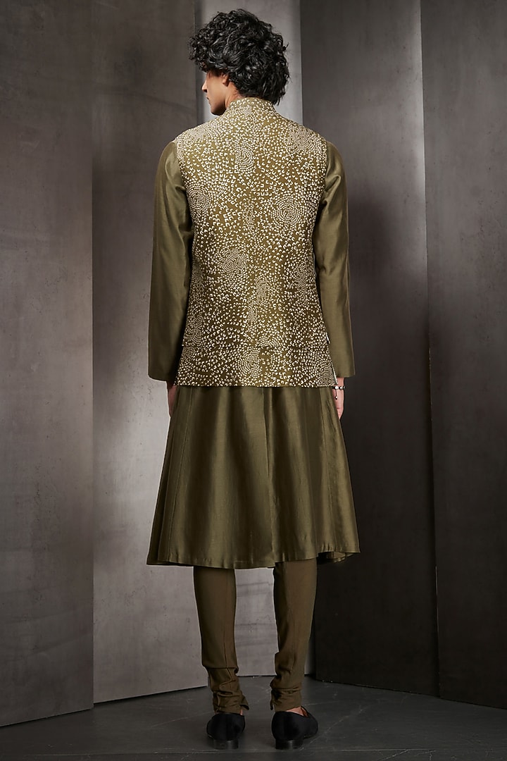 Smoke Green Silk Mosaic Printed Bundi Jacket by Rohit Gandhi & Rahul Khanna Men at Pernia's Pop Up Shop