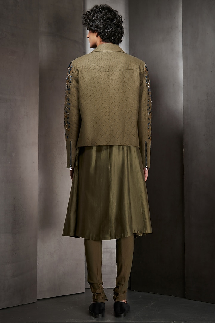Smoke Green Embroidered Bomber Jacket by Rohit Gandhi & Rahul Khanna Men at Pernia's Pop Up Shop