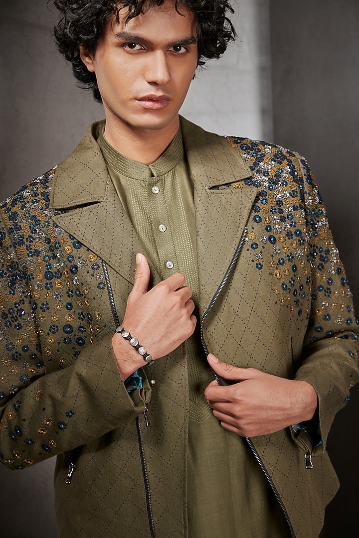 Smoke Green Embroidered Bomber Jacket by Rohit Gandhi & Rahul Khanna Men at Pernia's Pop Up Shop