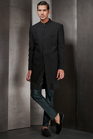 Black Embroidered Short Sherwani by Rohit Gandhi & Rahul Khanna Men