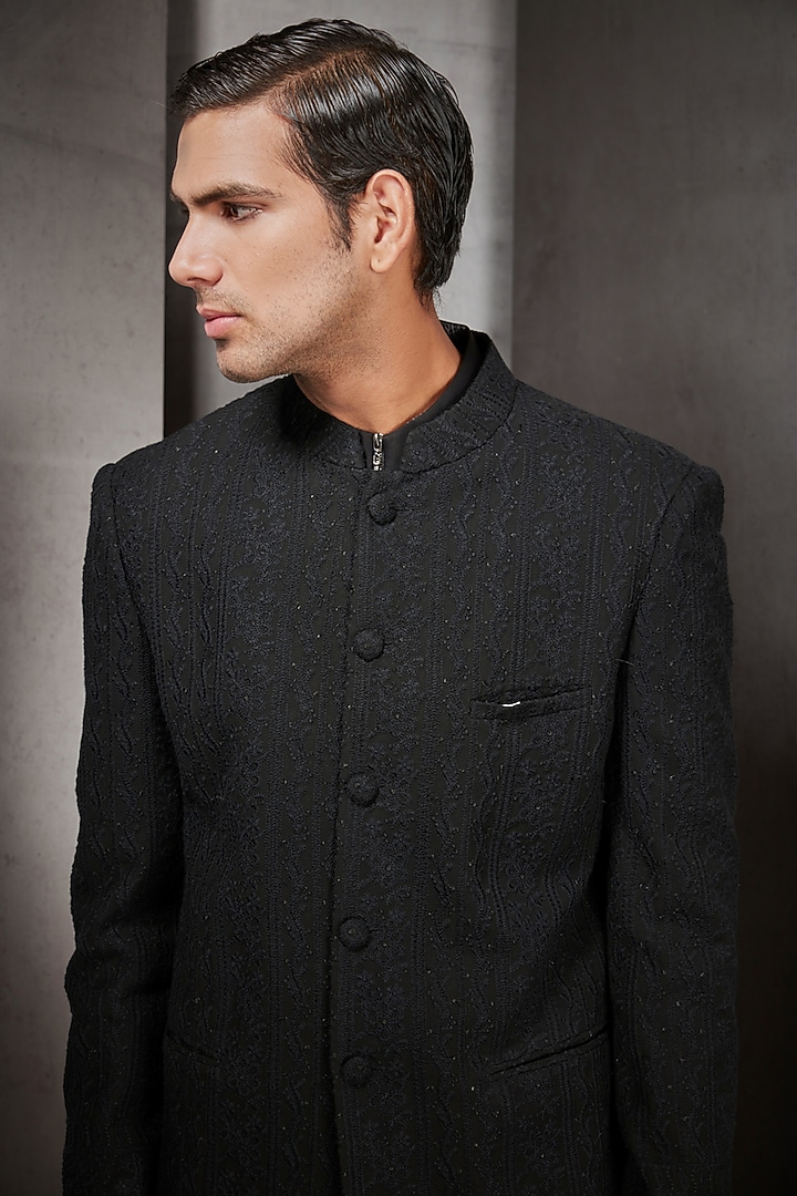 Black Embroidered Short Groom Sherwani by Rohit Gandhi & Rahul Khanna Men at Pernia's Pop Up Shop