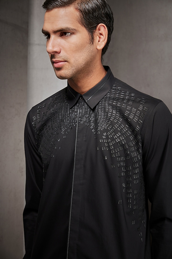 Black Applique Embroidered Wedding Shirt by Rohit Gandhi & Rahul Khanna Men at Pernia's Pop Up Shop
