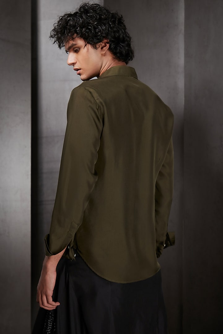 Olive Green Resham Embroidered Party Wear Shirt by Rohit Gandhi & Rahul Khanna Men at Pernia's Pop Up Shop