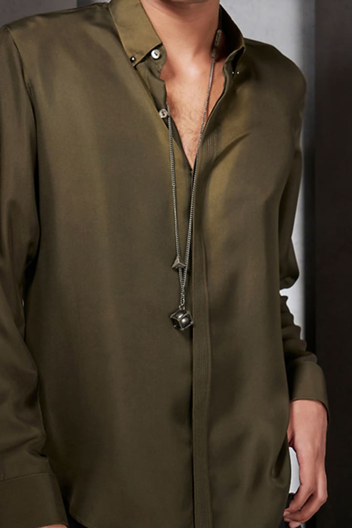 Olive Green Resham Embroidered Party Wear Shirt by Rohit Gandhi & Rahul Khanna Men at Pernia's Pop Up Shop