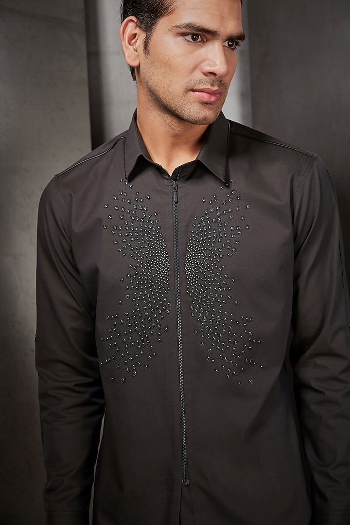 Olive Black Embroidered Wedding Shirt by Rohit Gandhi & Rahul Khanna Men at Pernia's Pop Up Shop