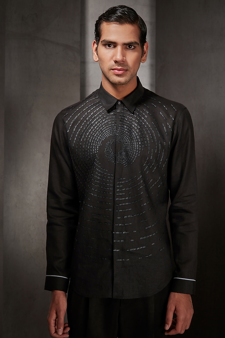 Black Linen Wedding Shirt by Rohit Gandhi & Rahul Khanna Men at Pernia's Pop Up Shop