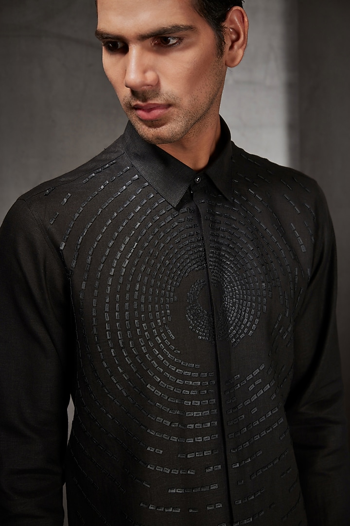 Black Linen Wedding Shirt by Rohit Gandhi & Rahul Khanna Men at Pernia's Pop Up Shop