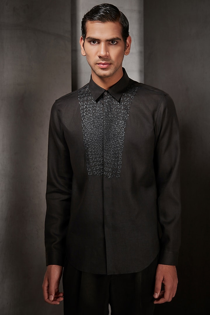 Black Cotton Shirt by Rohit Gandhi & Rahul Khanna Men