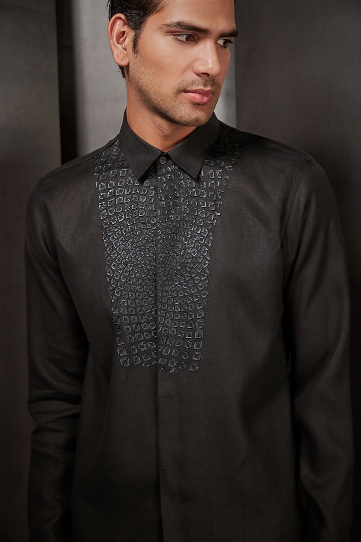 Black Cotton Wedding Shirt by Rohit Gandhi & Rahul Khanna Men at Pernia's Pop Up Shop