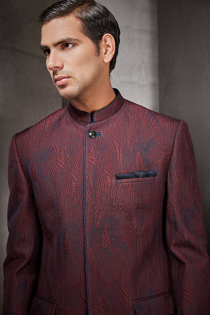 Maroon Silk Embroidered Groom Bandhgala Jacket by Rohit Gandhi & Rahul Khanna Men at Pernia's Pop Up Shop