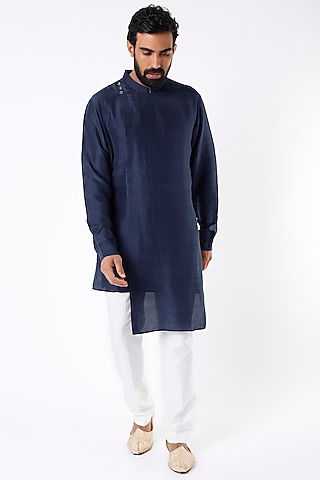 Navy Asymmetrical Kurta Set by Rohit Gandhi & Rahul Khanna Men