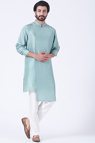 Powder Blue Silk Draped Kurta Set by Rohit Gandhi & Rahul Khanna Men