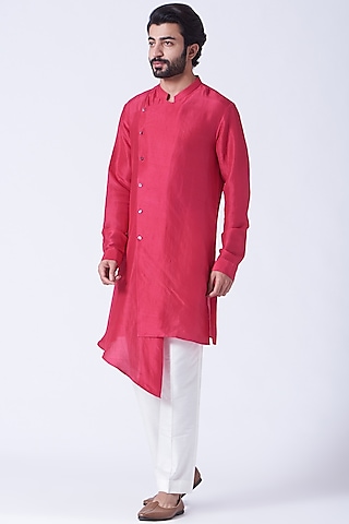 Cherry Tomato Red Silk Asymmetrical Kurta Set by Rohit Gandhi & Rahul Khanna Men