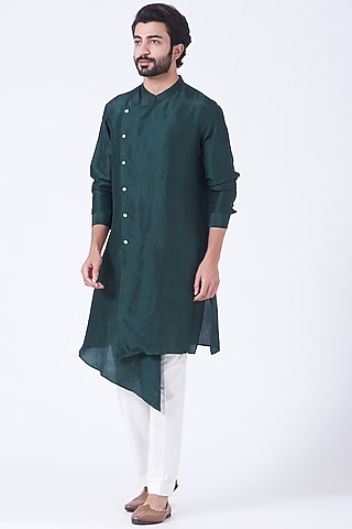 Navy Blue Silk Asymmetrical Kurta Set by Rohit Gandhi & Rahul Khanna Men