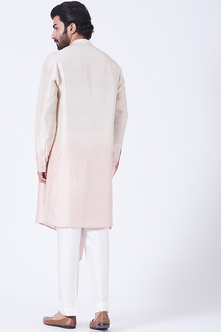 Peach & Baby Pink Ombre Silk Asymmetric Kurta Set by Rohit Gandhi & Rahul Khanna Men at Pernia's Pop Up Shop