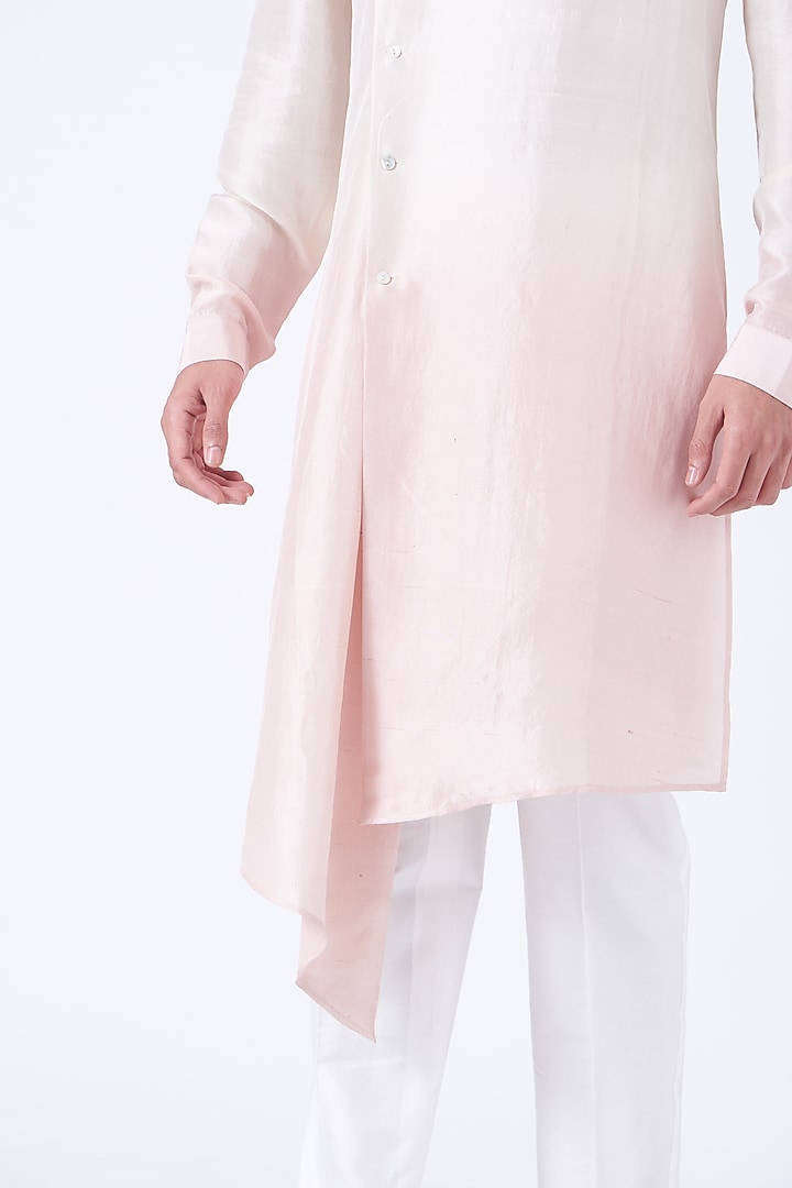 Peach & Baby Pink Ombre Silk Asymmetric Kurta Set by Rohit Gandhi & Rahul Khanna Men at Pernia's Pop Up Shop