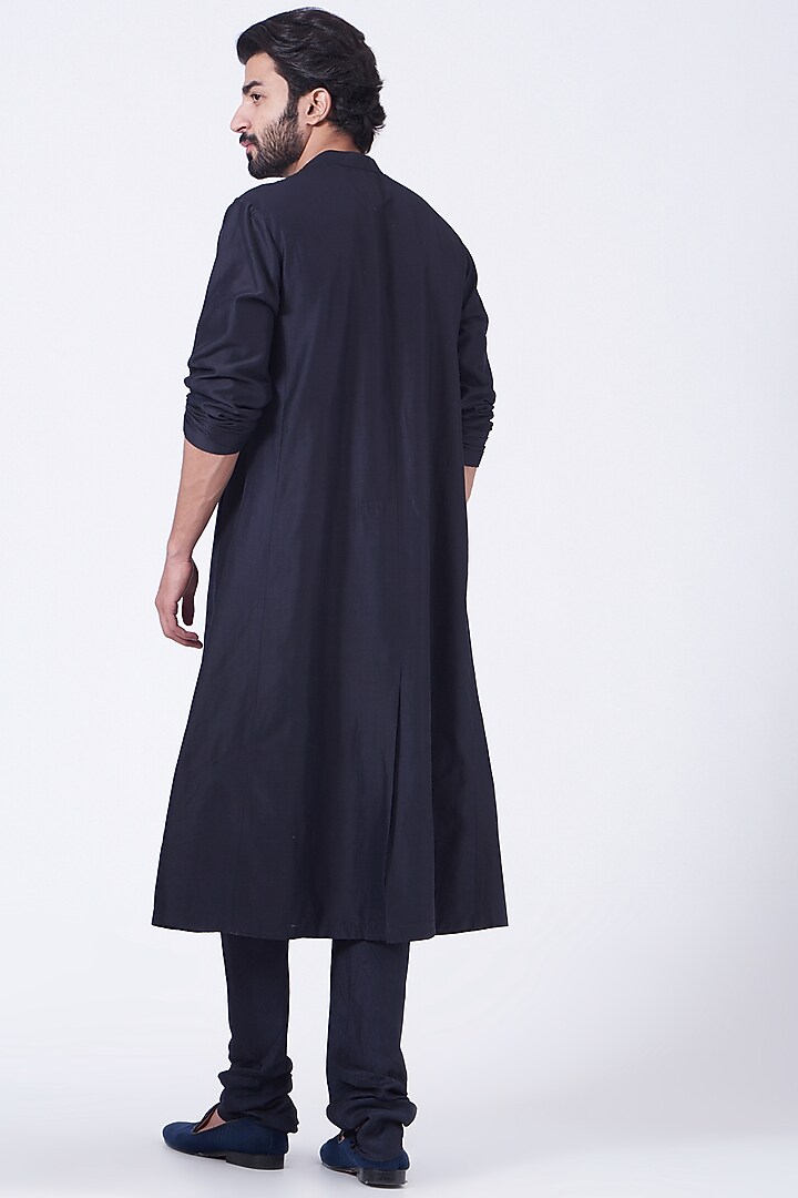 Midnight Blue Chanderi A-Line Kurta Set by Rohit Gandhi & Rahul Khanna Men at Pernia's Pop Up Shop