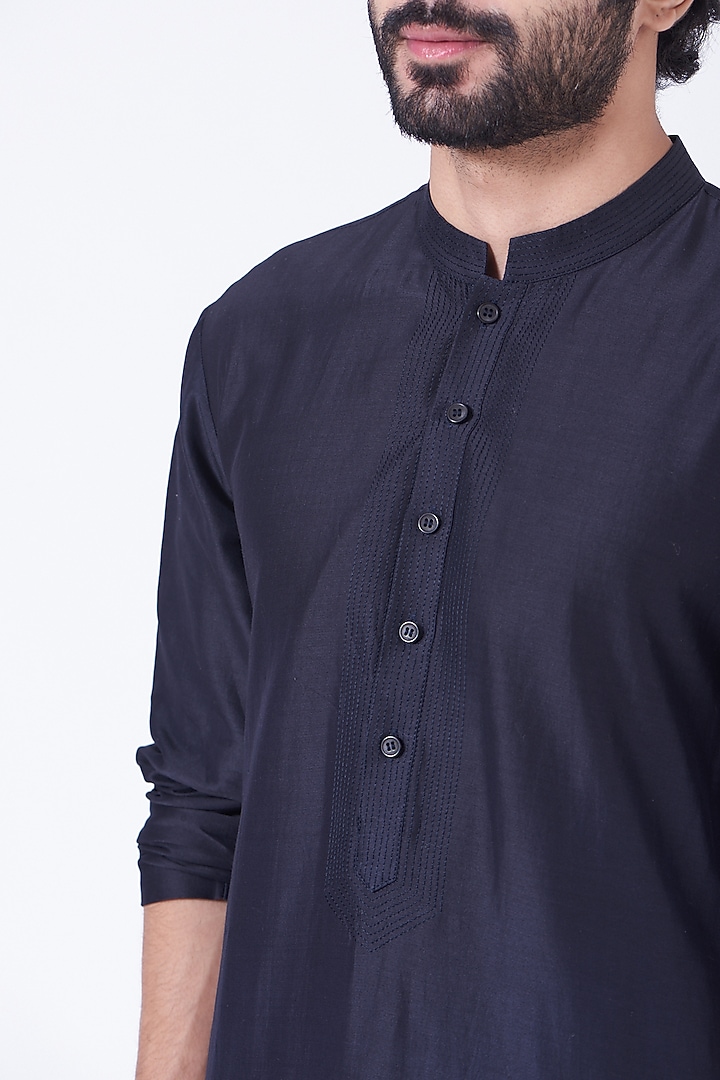 Midnight Blue Chanderi A-Line Kurta Set by Rohit Gandhi & Rahul Khanna Men at Pernia's Pop Up Shop