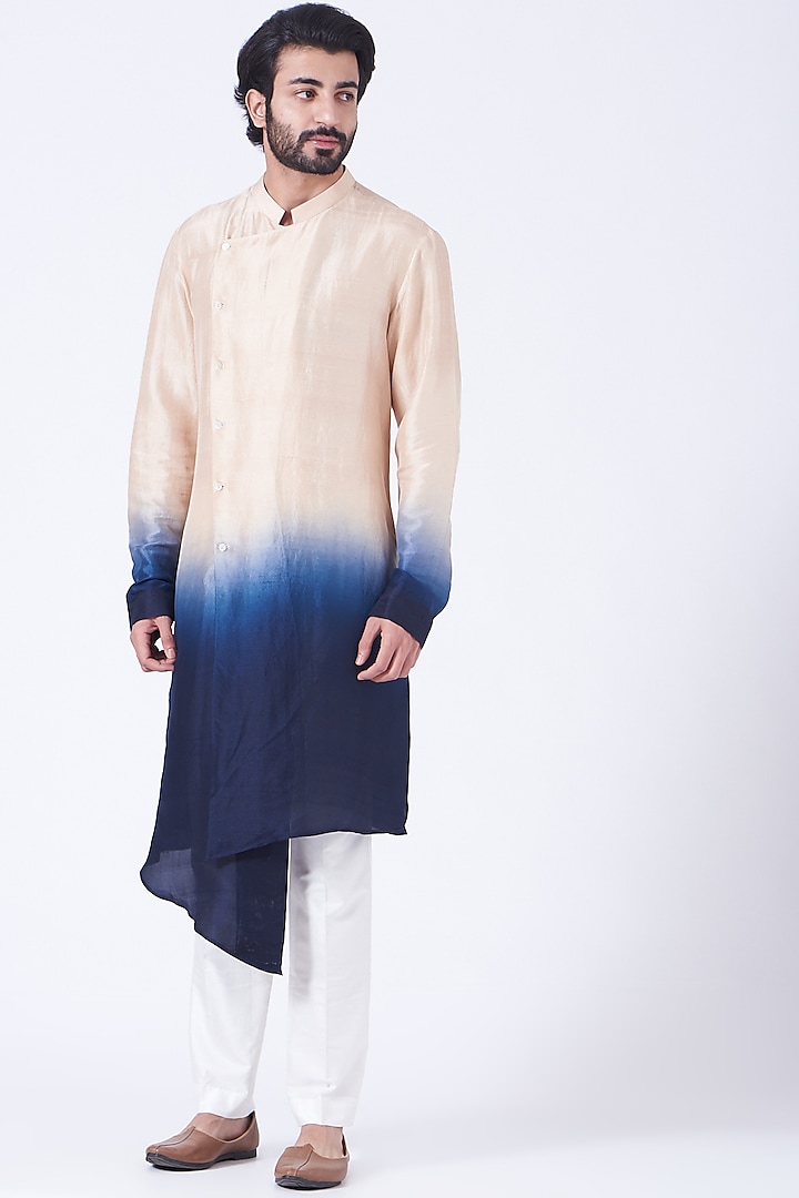 Beige & Navy Blue Ombre Asymmetrical Kurta Set by Rohit Gandhi & Rahul Khanna Men